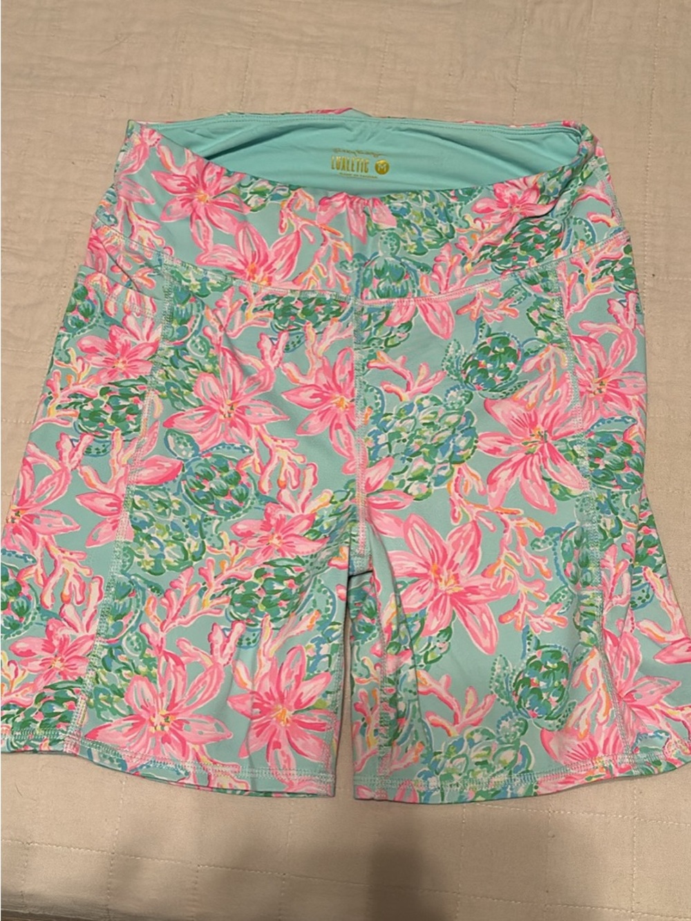 Lilly Pulitzer Aqua Bike Shorts with Pink Floral Print